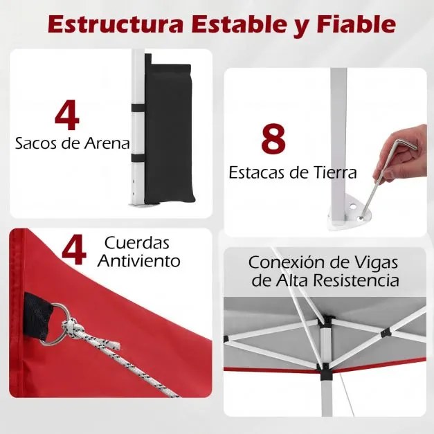 Tenda dobrável 3x3 m com 4 x Sacos de areia de montagem instantânea com 1 botão campismo, feiras, eventos e Saco com rodas Vermelha