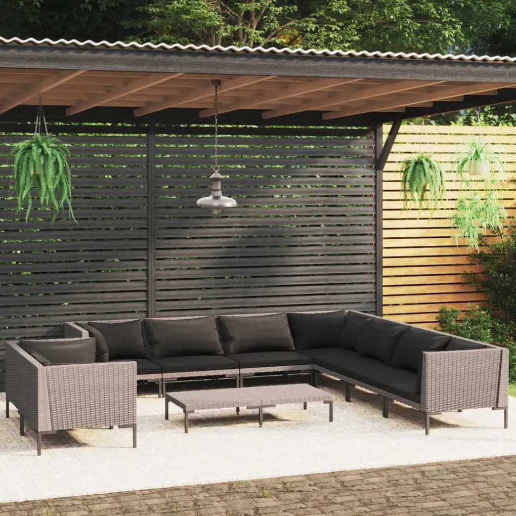 vidaXL 10 pcs conj. lounge jardim c/ almofadões vime PE cinza-escuro