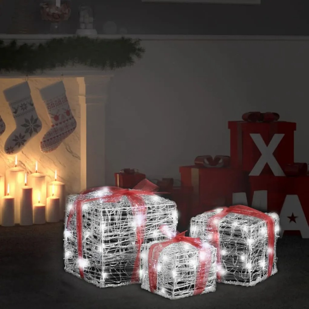 328792 vidaXL Caixas presentes Natal decorativas 3 pcs acrílico branco frio