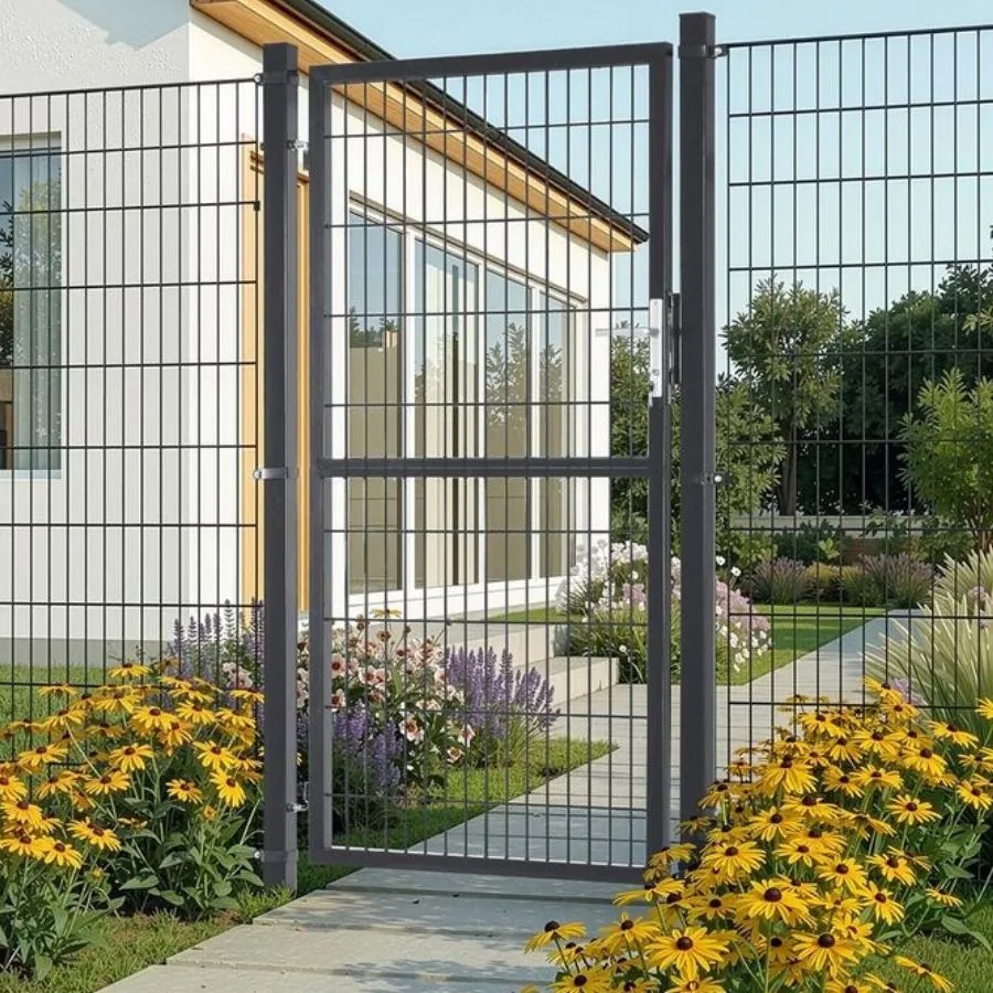 Portão de jardim com fechadura, 106 x 180 cm, em aço galvanizado cinzento