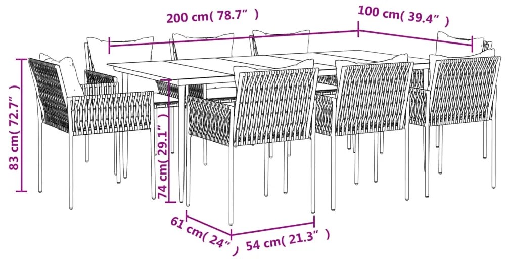 9 pcs conjunto de jantar p/ jardim com almofadões vime PE e aço