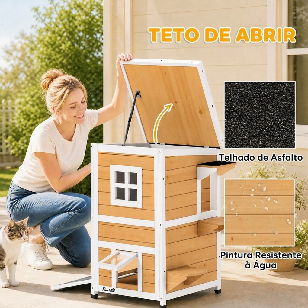 Casa de Madeira para Gatos de Exterior 2 Níveis com 3 Portas e Janela Amarela