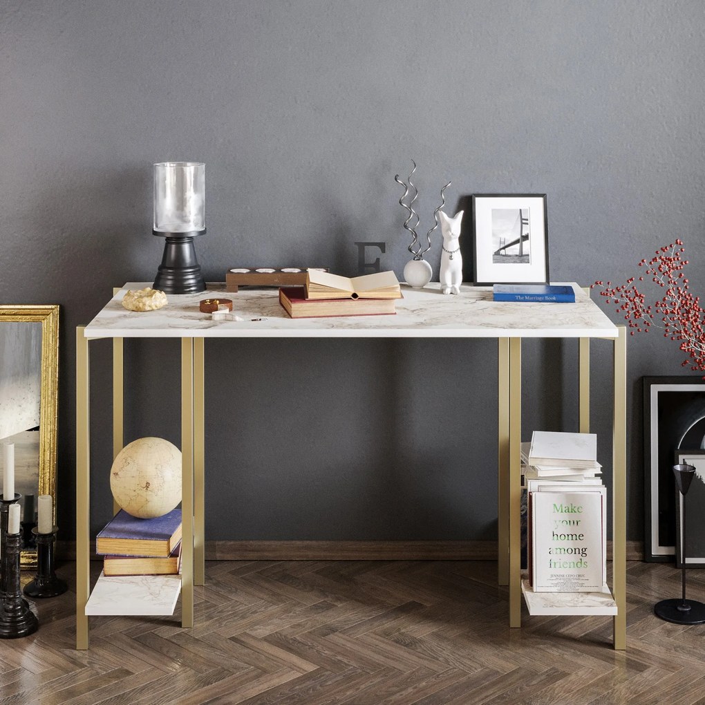 Secretária de Estudo Reader - Branco e Dourado - 125x73,8x60 cm