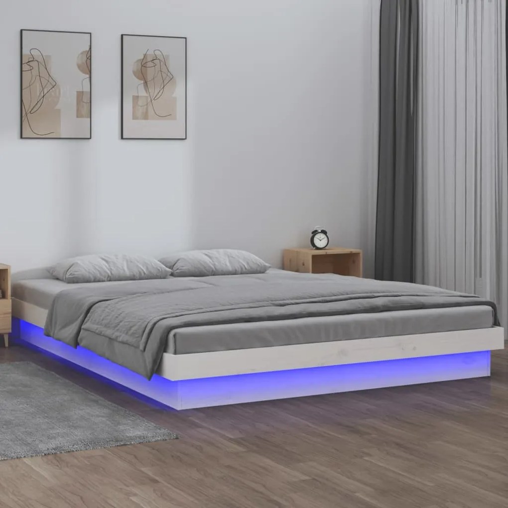 vidaXL Estrutura de cama com luzes LEDs 140x200 madeira maciça branco