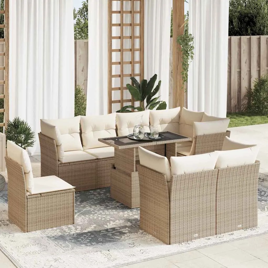 vidaXL 9 pcs conjunto de sofás p/ jardim com almofadões vime PE bege