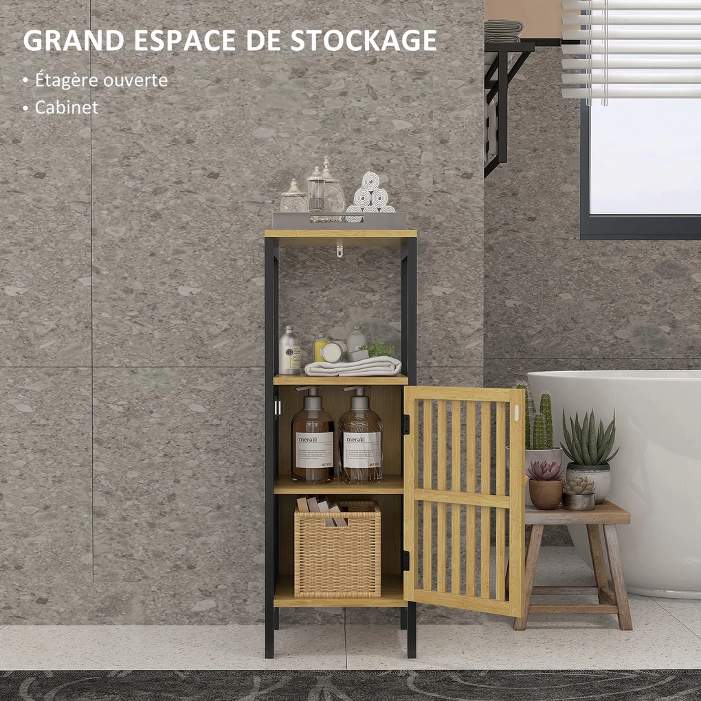Móvel baixo de casa de banho 32 x 30 x 90,5 cm em bambu com armário de 1 porta e compartimento aberto, preto e cor madeira