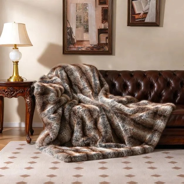 Manta de pele sintética estilo raposa 153 x 203 cm, macia, luxuosa e espessa, aconchegante e quente para cama, sofá ou poltrona Castanha
