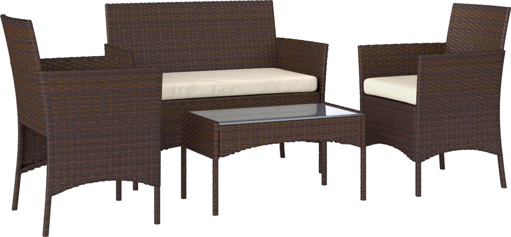 Outsunny Conjunto de Jardim em Vime com Almofadas Móveis de Exterior com 2 Poltronas Sofá de 2 Lugares Mesa com Vidro Castanho e Bege | Aosom Portugal