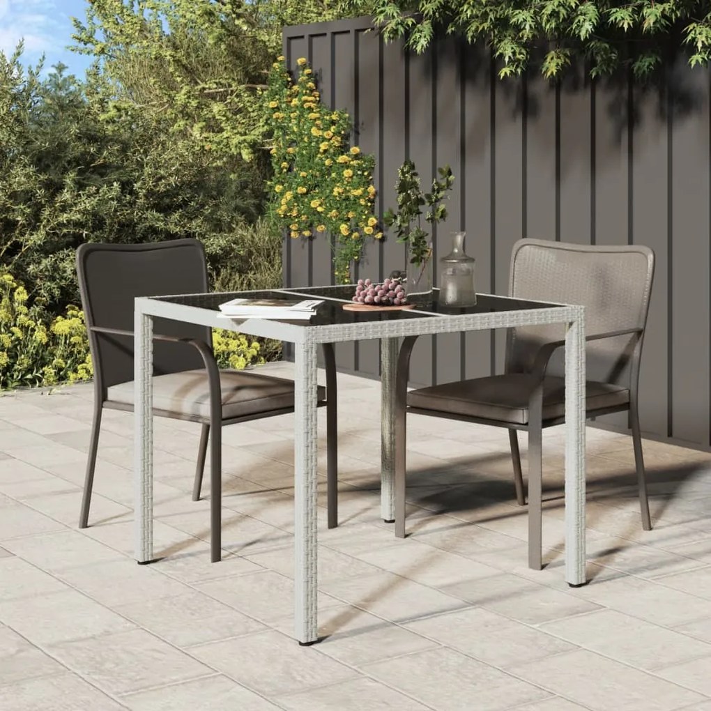 vidaXL Mesa de jardim 90x90x75 cm vidro temperado e vime PE branco