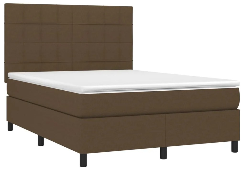 Cama box spring c/ colchão/LED 140x190cm tecido castanho-escuro