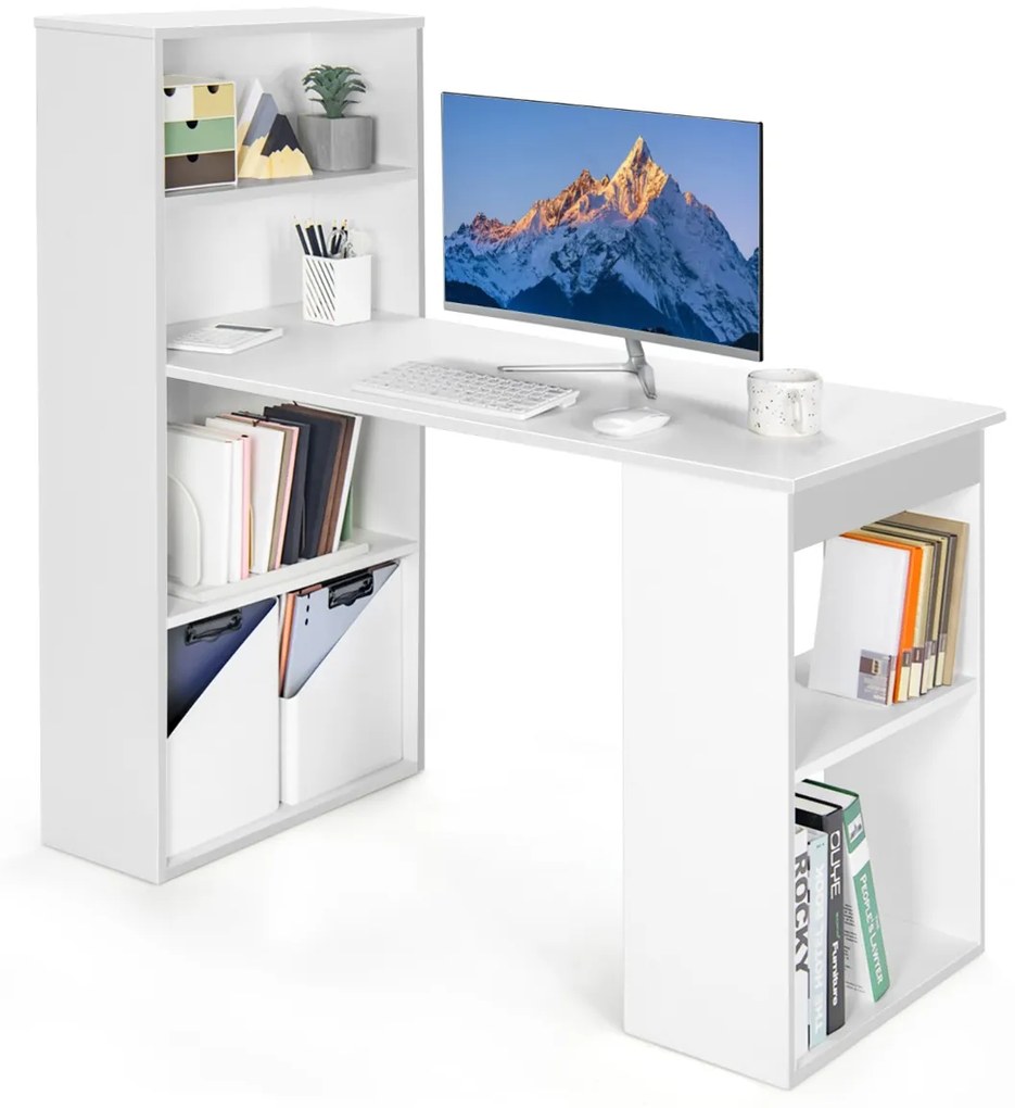 Secretária de computador com Estante de arrumação Secretária reversível para escritório de estudo Quarto de dormir 122 x 51 x 122 cm Branco