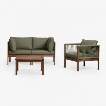 Conjunto De Sala Com Sofá Modular De 2 Peças Com Apoios De Braço, Poltrona E Mesa De Centro Em Madeira De Acácia Branson Verde Oliva Intenso - Castanh