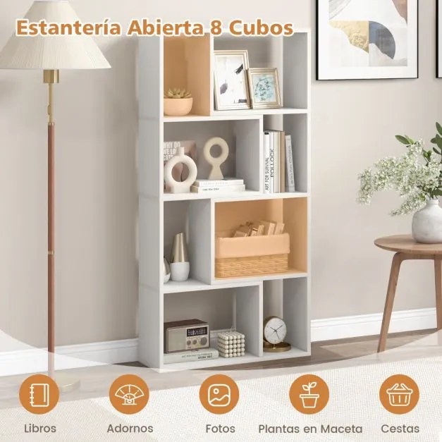 Estante geométrica de 4 níveis com 120 cm de altura com 8 cubos aberta para sala de estar e escritório Branca