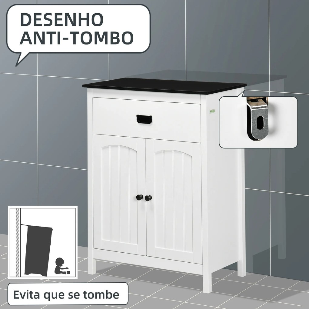 Armário Casa de Banho Móvel de Casa de Banho Auxiliar com 1 Gaveta 2 Portas e Prateleira Ajustável Estilo Moderno 60x30x80cm Branco e Preto