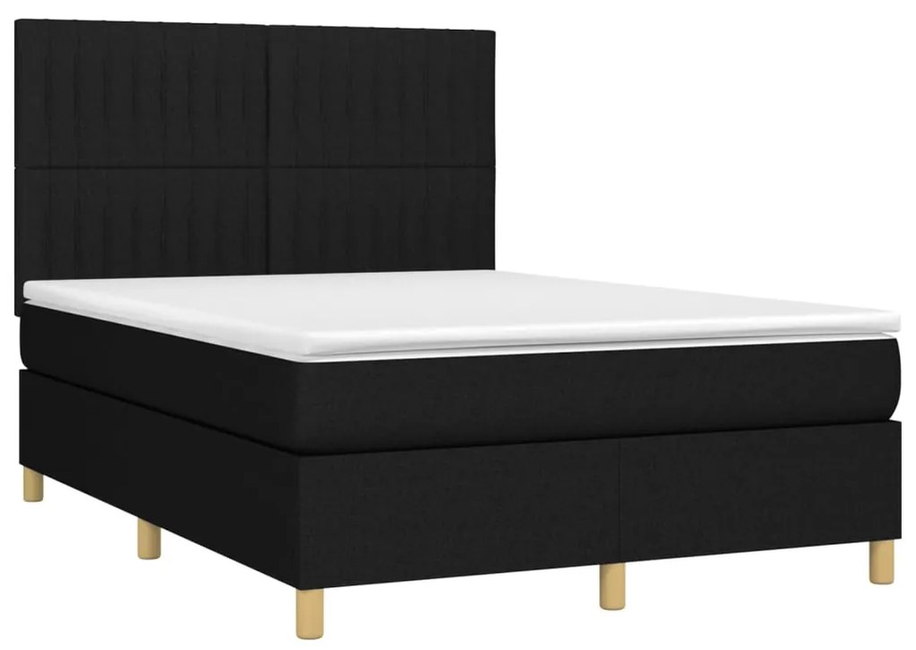 Cama box spring c/ colchão e LED 140x200 cm tecido preto