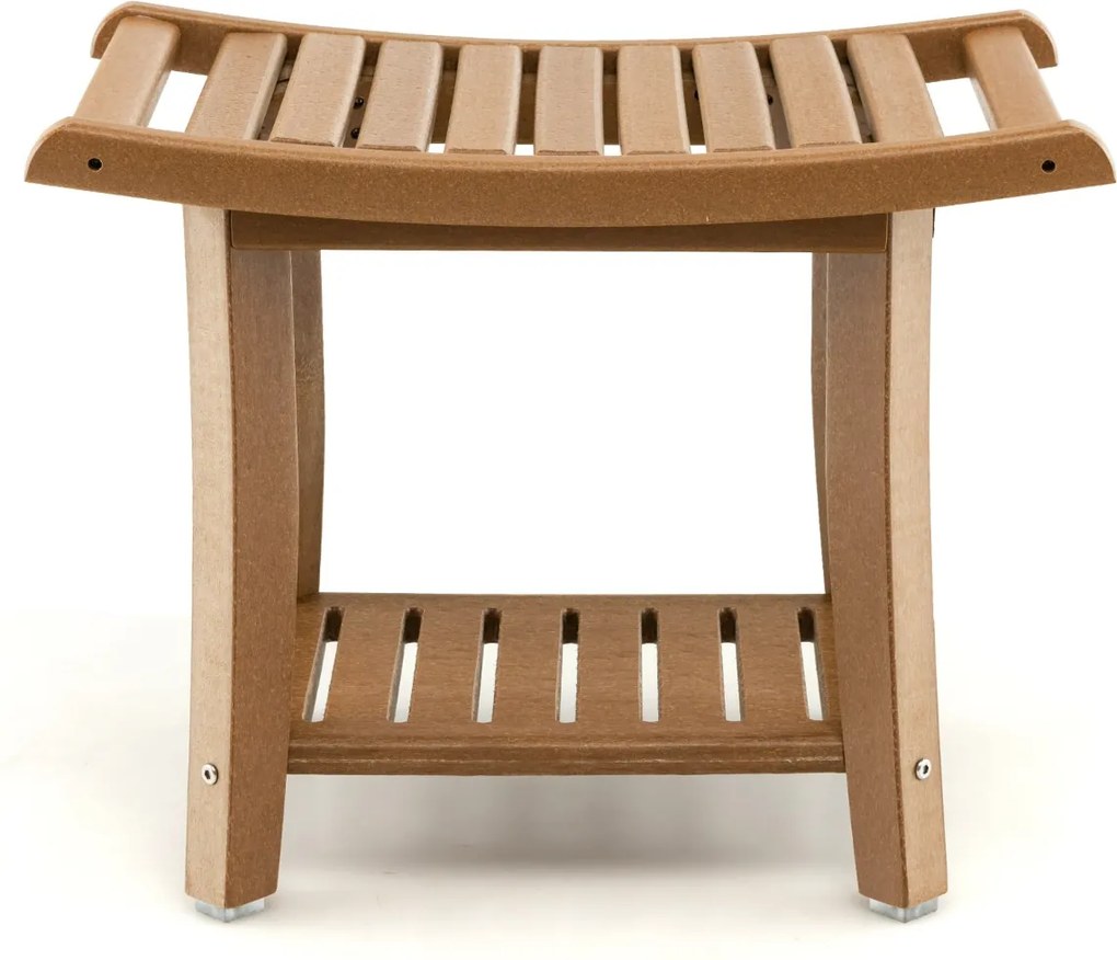 Banco de banho curvo em HDPE 60,5 cm x 34 cm x 48 cm impermeável com Prateleira de armazenamento Almofadas antiderrapantes para idosos Castanho