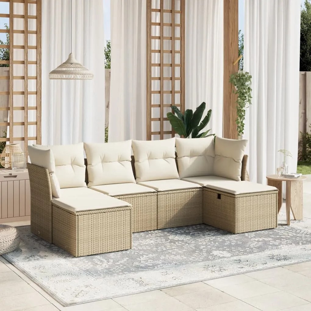 6 pcs conjunto de sofás p/ jardim com almofadões vime PE bege