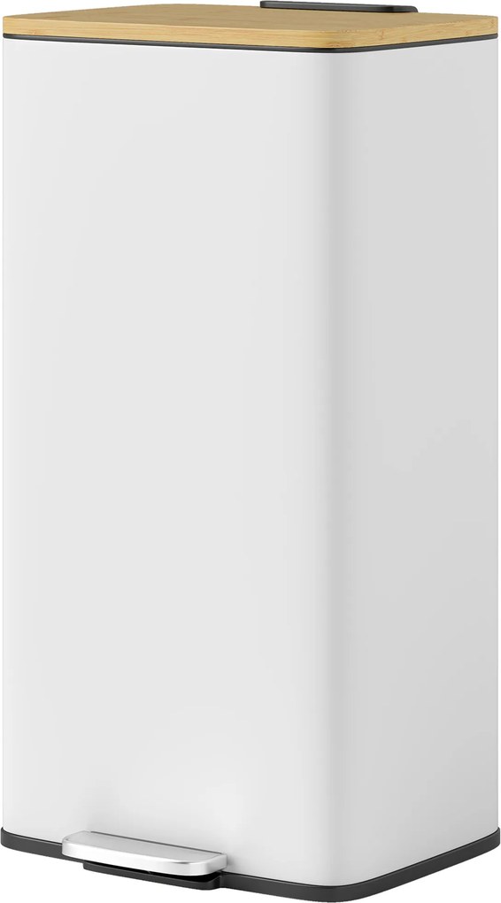 Balde de Lixo de Cozinha com Pedal 20L Tampa de Bambu com Fecho Suave 29,5x29,5x56,8 cm Branco e Madeira