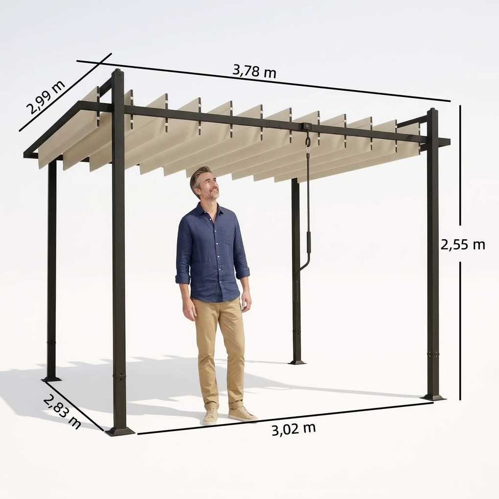 Pérgola de Jardim 3x3,8 m com Toldo Corrediço Ajustável a 90° Manivela, Estrutura de Alumínio e Aço UPF50+ Bege