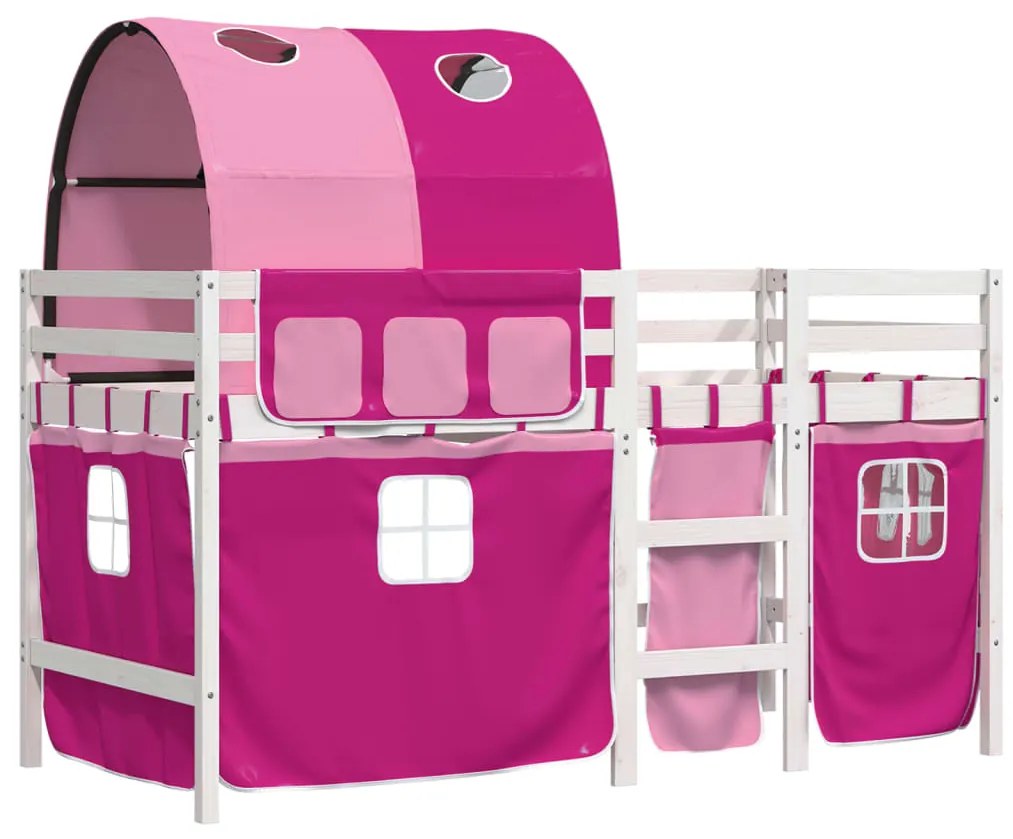 Cama alta para criança com túnel 90x200 cm pinho maciço rosa