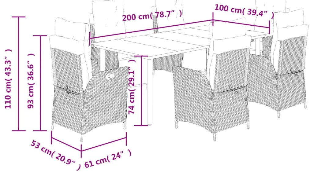 7 pcs conjunto jantar p/ jardim c/ almofadões vime PE castanho