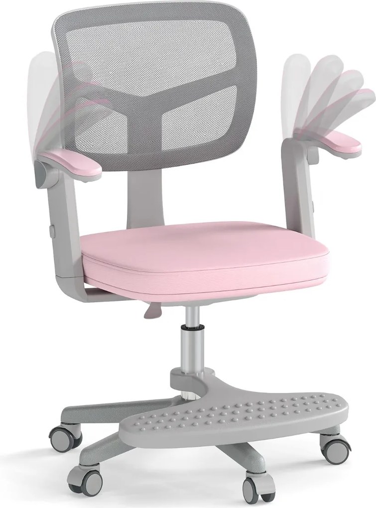 Cadeira de escritório para crianças com apoios de braços, apoio para os pés e rodas universais com altura ajustável 57 x 55 x 80-91 cm Rosa
