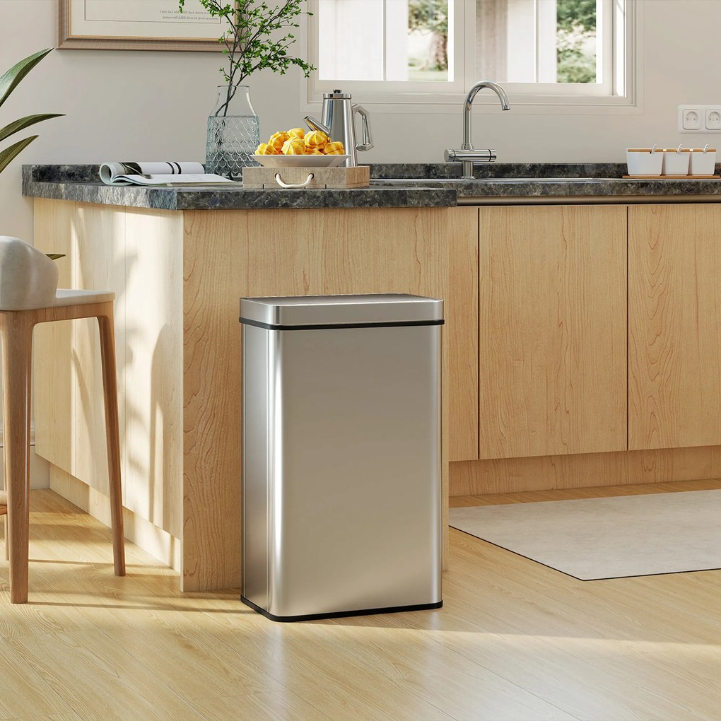 Caixote do lixo com sensor de 60 L com tampa de fecho suave 39 x 27 x 66 cm, caixote do lixo automático de cozinha em aço inoxidável, prateado