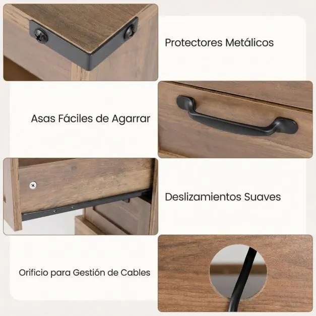 Conjunto de 2 mesas de cabeceira, mesas apoio rústicas com estação de carregamento e 2 gavetas Pretas e castanho rustico