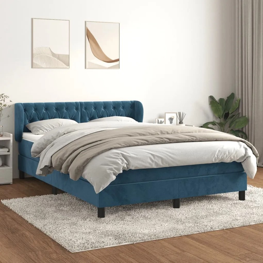 Cama com molas/colchão 140x190 cm veludo azul-escuro