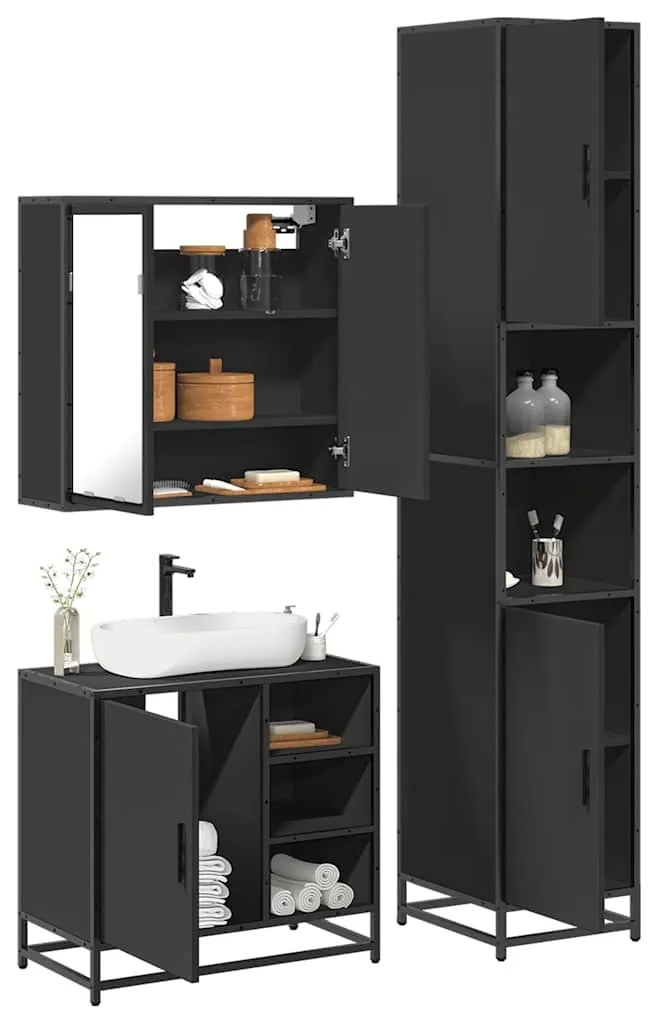 vidaXL 3 pcs conjunto móveis casa de banho derivados de madeira preto