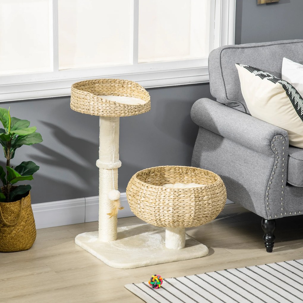 Arranhadores para gatos com arranhador de 2 níveis, altura de 72 cm, poste de sisal com nicho e plataforma, 1 bola suspensa