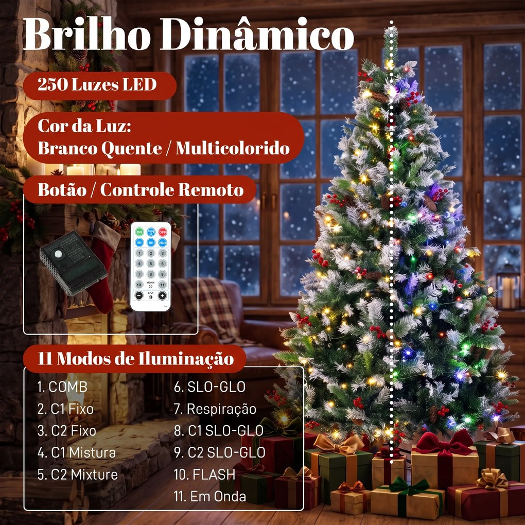 Árvore de Natal Nevada 180 cm com 250 LED 11 Modos Comando à Distância 840 Pontas 34 Pinhas e 34 Bagas Verde