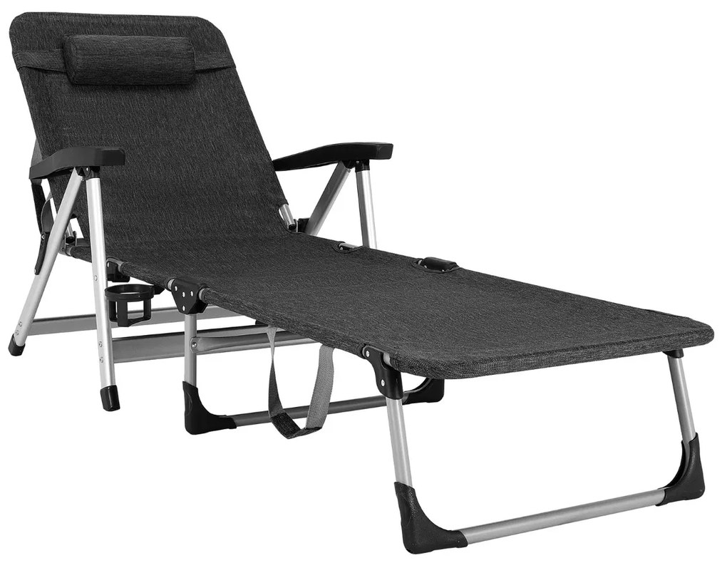 Espreguiçadeira de Campismo Ajustável e Dobrável Portatil Exterior com Cadeira de Almofada Reclinável Removível para Piscina de Praia Relva Jardim Preta
