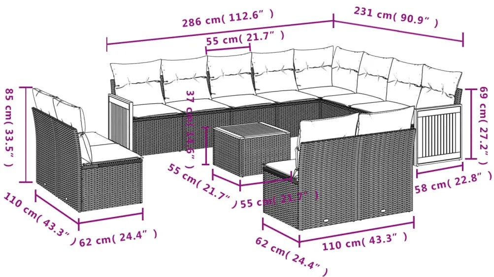 13 pcs conjunto de sofás de jardim com almofadões vime PE preto