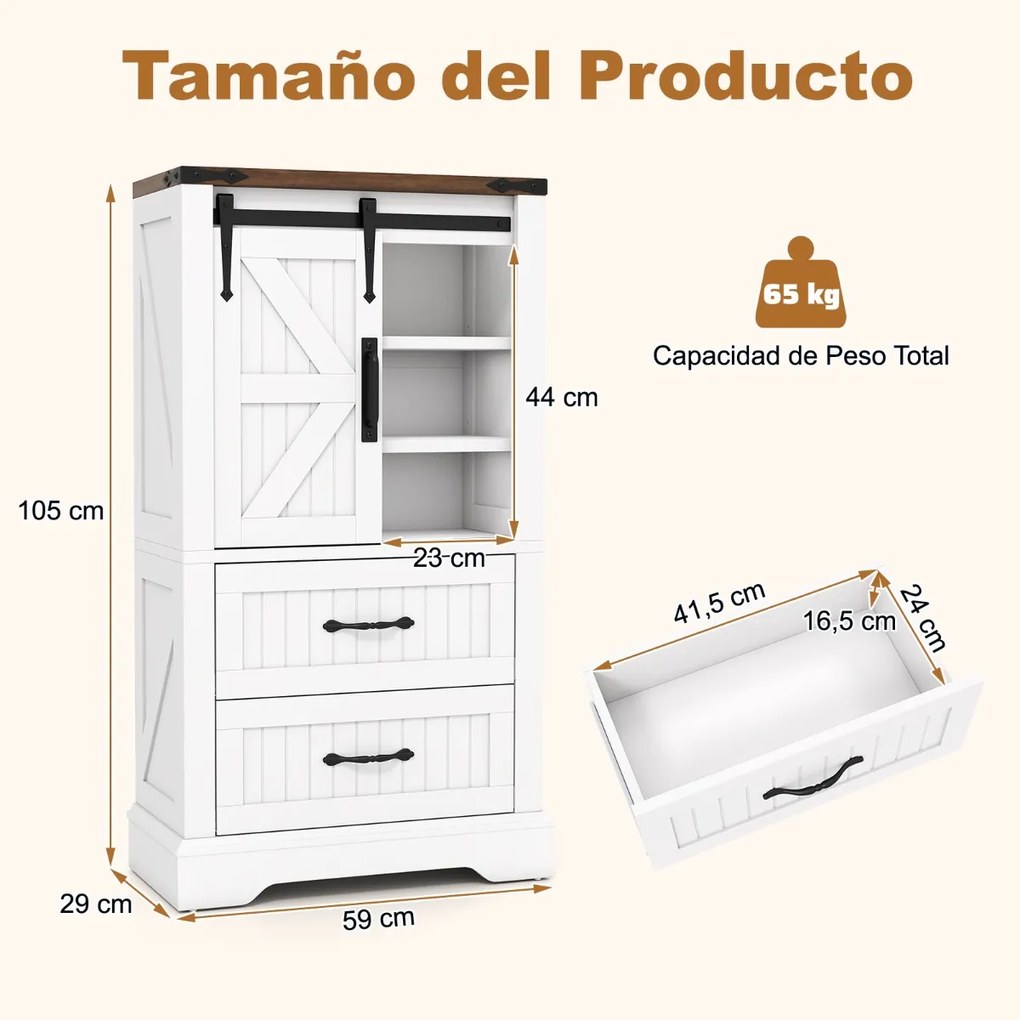 Armário multifuncional cozinha, sala, casa de banho 59 x 29 x 105 cm em estilo rústico com porta deslizante tipo celeiro, prateleiras ajustáveis e 2 g