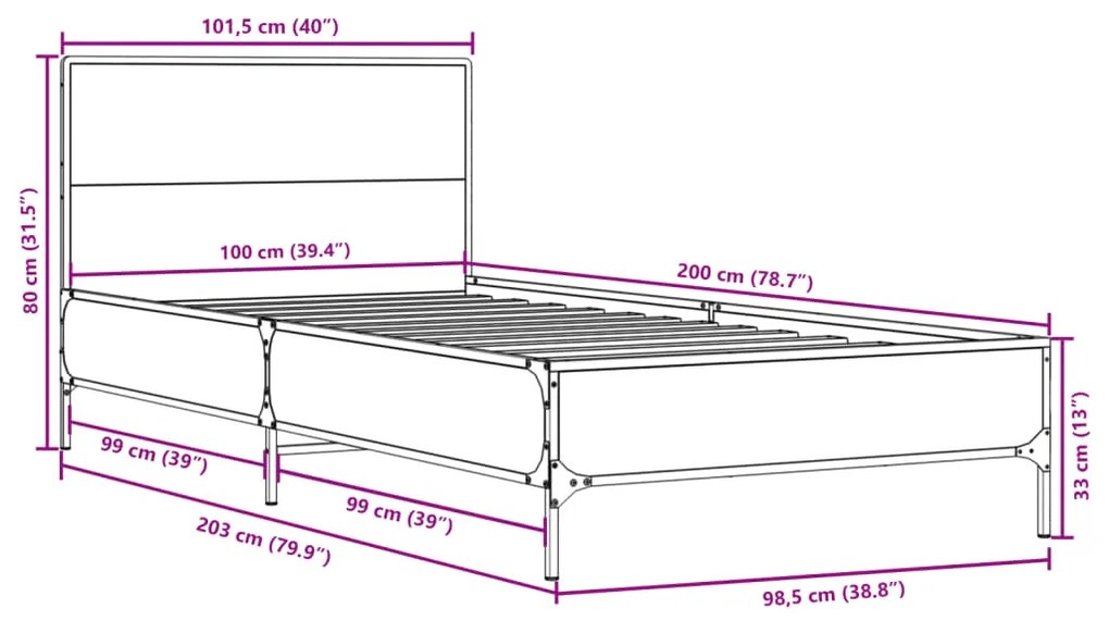 Estrutura cama 100x200 cm derivados madeira/metal cinza sonoma