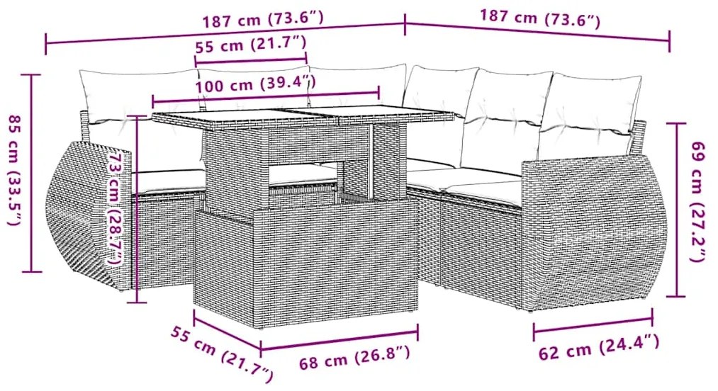 6 pcs conjunto sofás de jardim c/ almofadões vime PE preto