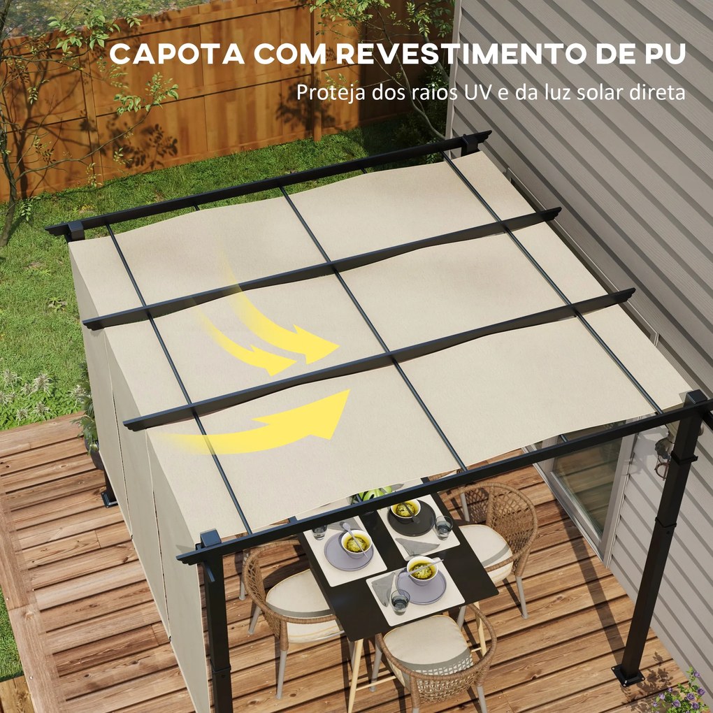 Pérgola Exterior 3x3 m com Toldo deslizante Estrutura de Aço Impermeável e Anti-UV para Terraço ou Pátio Bege
