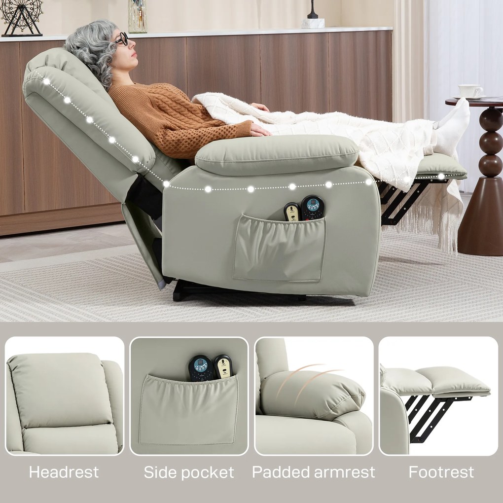 Poltrona Relax Levanta Pessoas com 8 Pontos de Massagem Reclinável com Função de Aquecimento 89x93x105 cm Cinzento Claro
