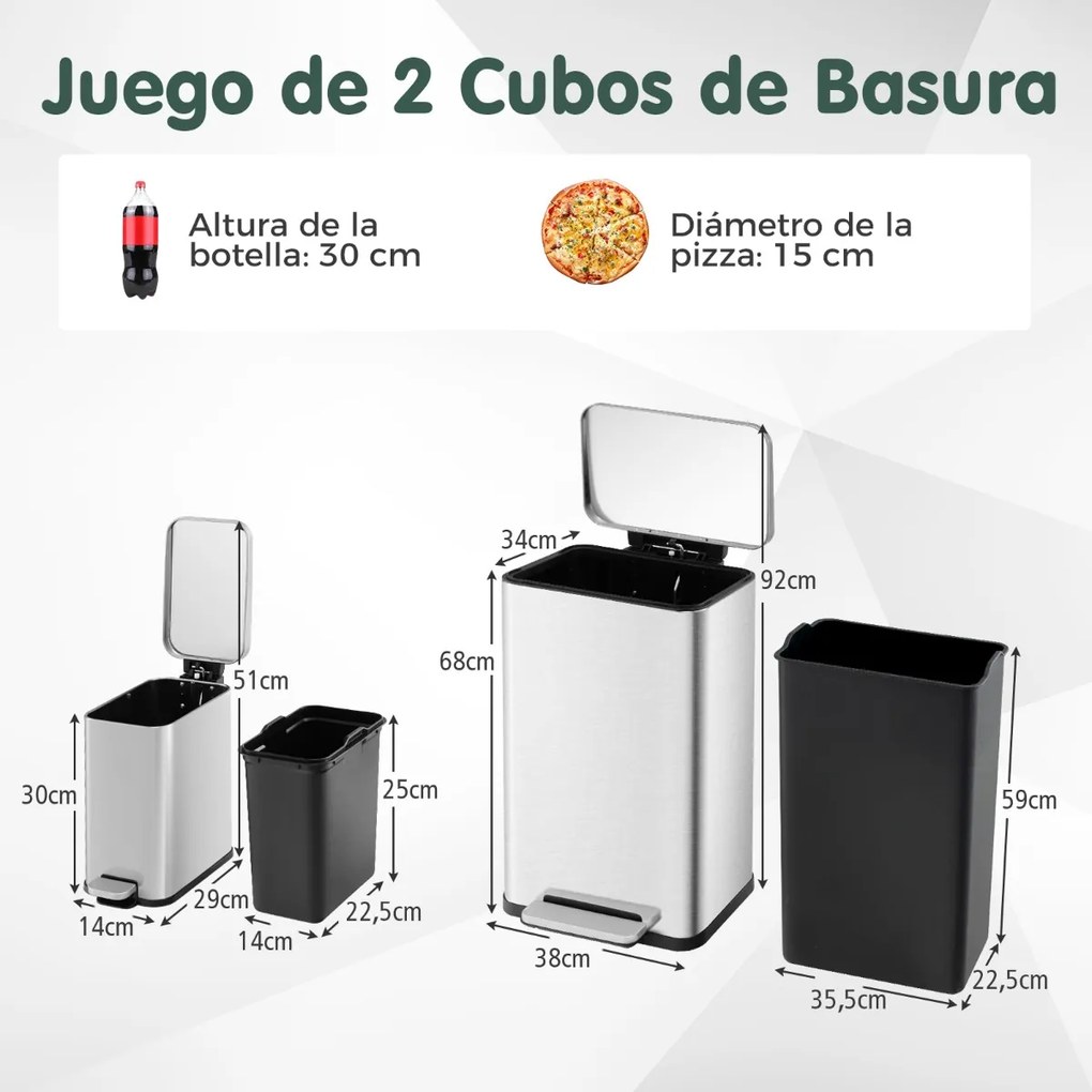 Conjunto de caixotes do lixo de 40 litros + 6 Litros em aço e baldes interiores amovíveis para lixo de cozinha Prateado