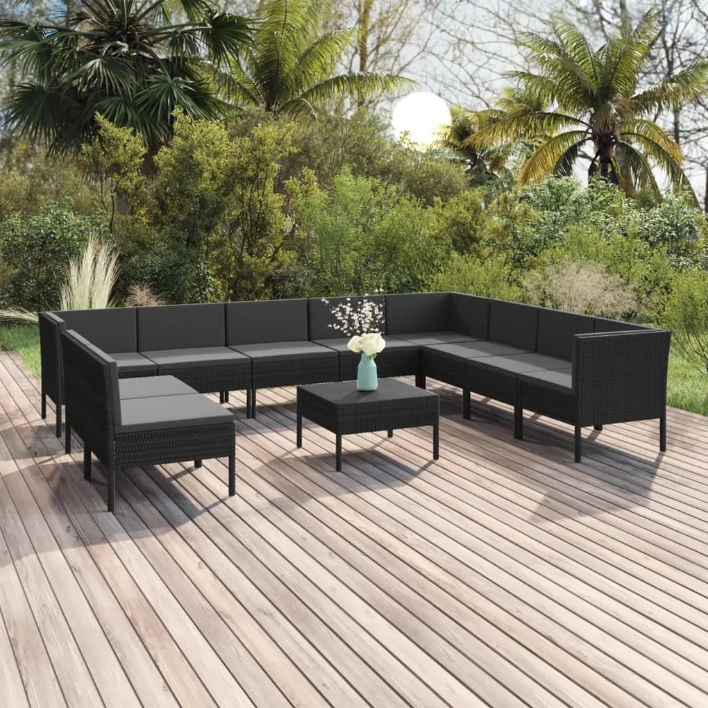 vidaXL 11 pcs conjunto lounge de jardim c/ almofadões vime PE preto