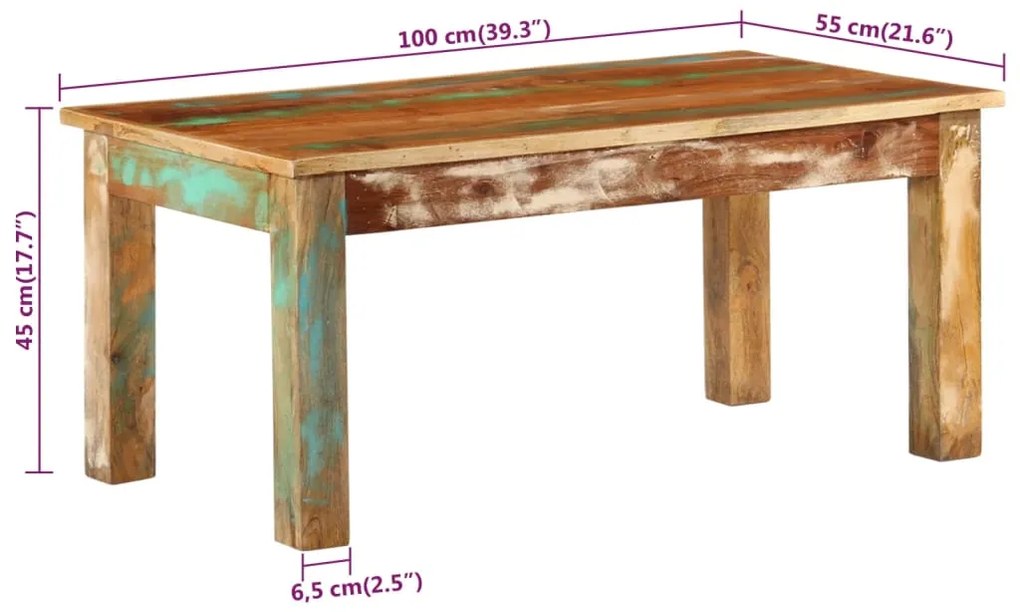 Mesa de centro 100x55x45 cm madeira recuperada maciça