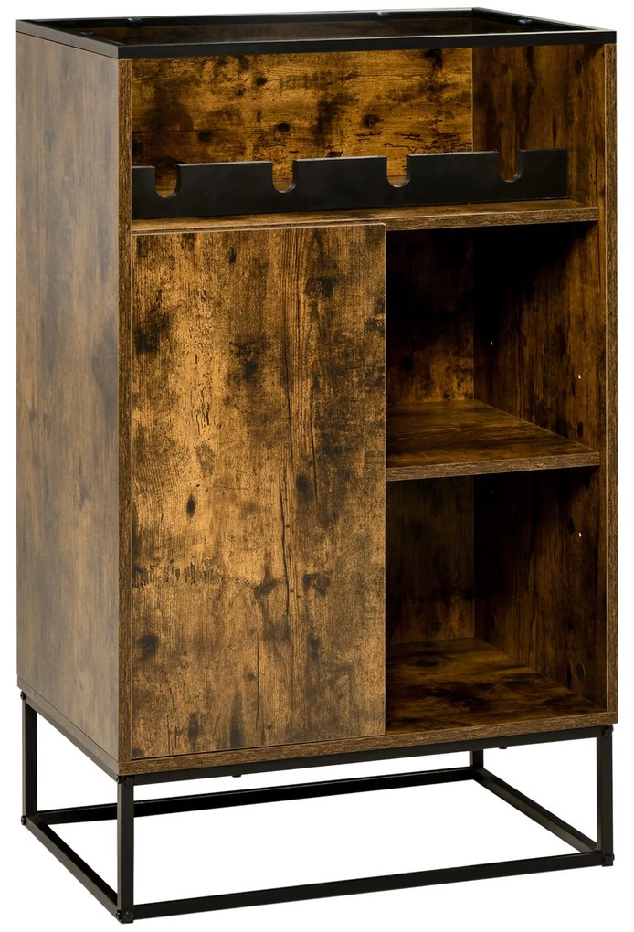HOMCOM Móvel Bar com Suporte para 4 Garrafas Bancada de Vidro Temperado Armário e Compartimentos Abertos 60x40x100cm Marrom Rústico | Aosom Portugal