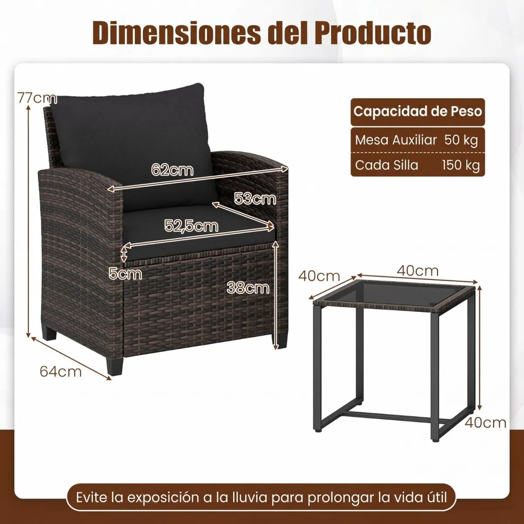 Conjunto de 3 móveis de rattan para jardim, com 2 cadeiras, mesa de vidro e almofadas pretas com capas removíveis, para jardim, terraço ou piscina Cas