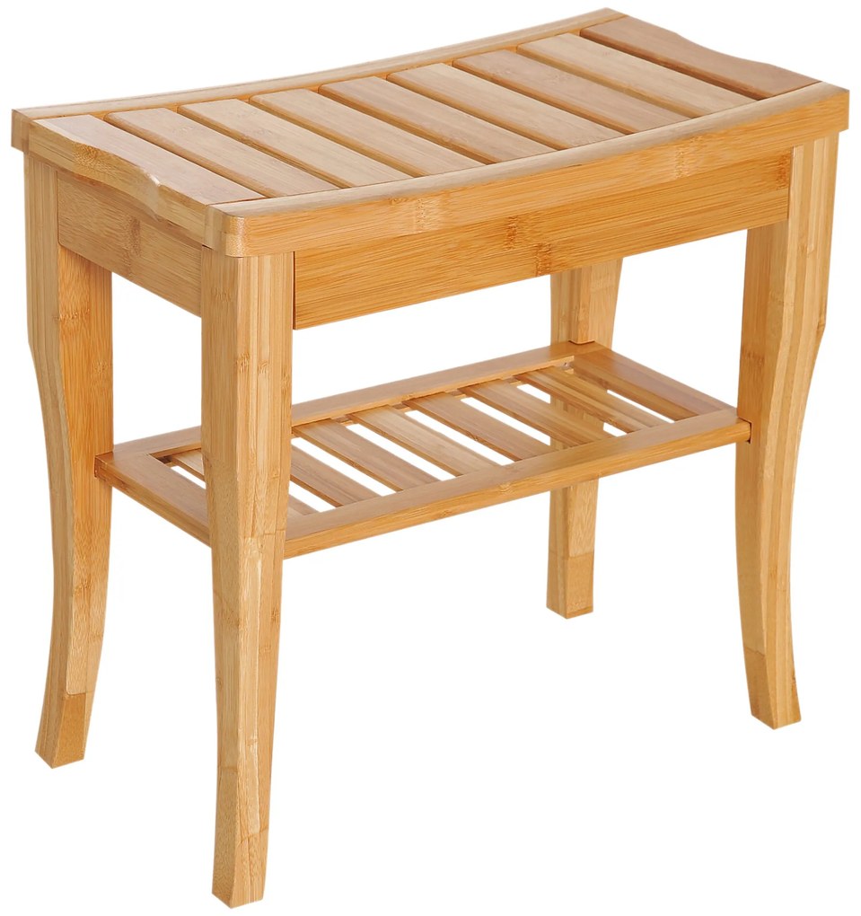 HOMCOM Banco para Casa de Banho de Bambu com Prateleira de Arrumação Banco de Banho Antiderrapante Impermeável e Resistente Banco de Duche para Casa Sala Quarto SPA 47,5x26x44,5 cm Madeira
