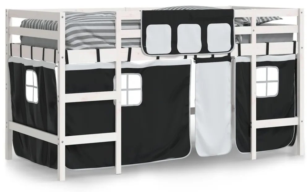 Cama alta criança c/ cortina 90x200cm pinho maciço branco/preto