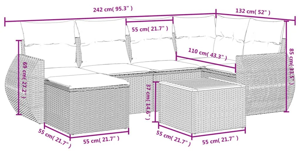 7 pcs conjunto de sofás p/ jardim com almofadões vime PE bege