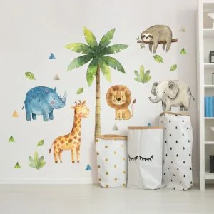 Autocolante de aguarela para o quarto – Palmeira e animais