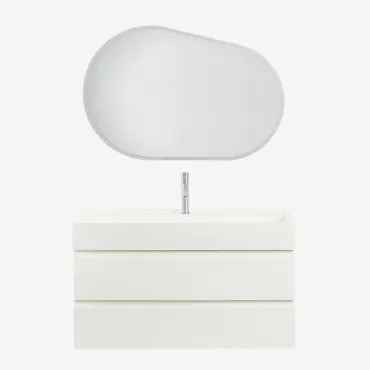 Conjunto De Móvel De Casa De Banho Suspenso Em Madeira E Folha De Freixo Com Lavatório Integrado Ona Branco & Oval Led E Anti-embaciamento - Sklum
