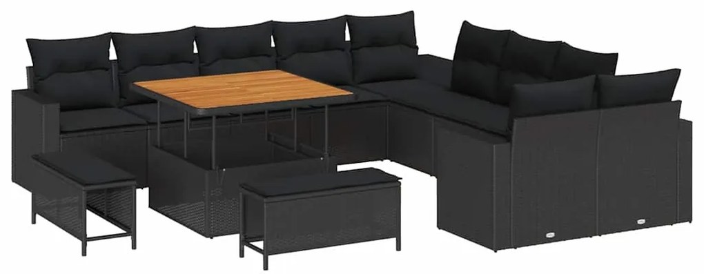 Conjunto de Sofá de Jardim de 13 Peças com Almofadas Preto Rattan Acác